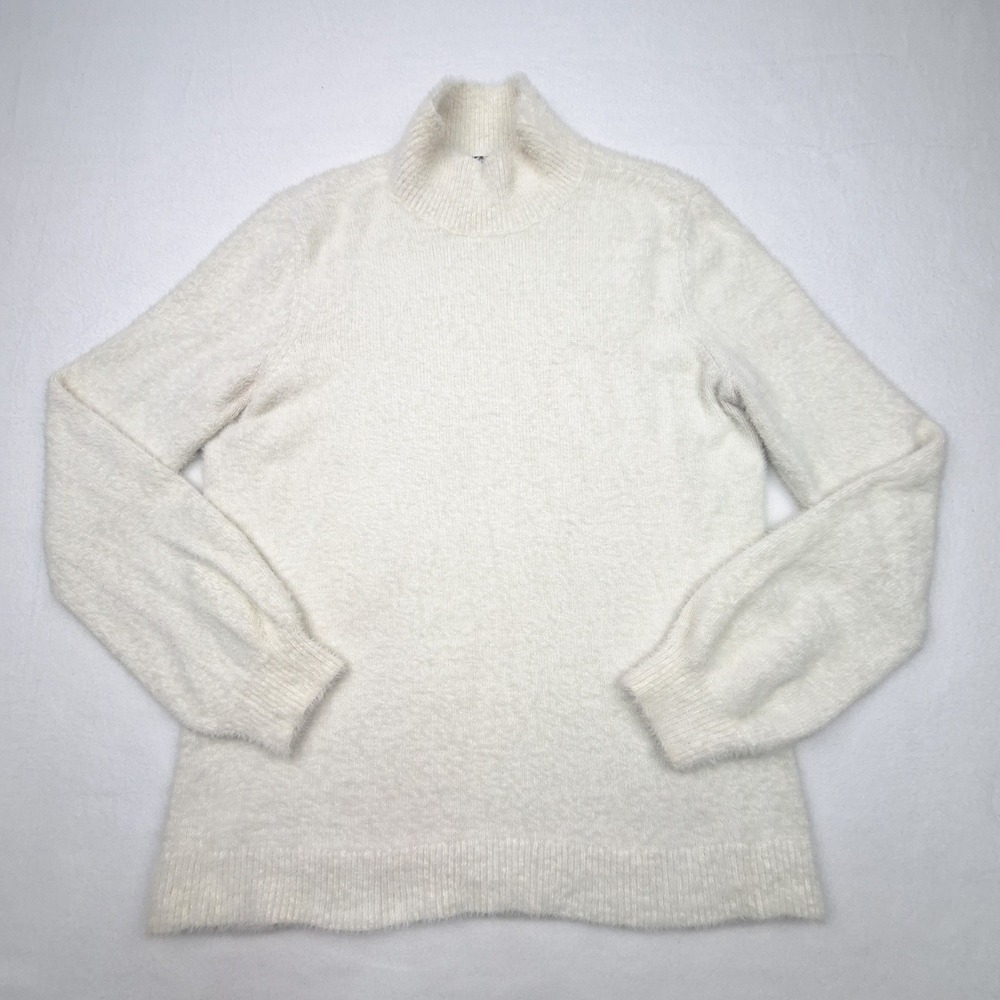 Lands End Sweater Womens Small Ivory Fuzzy Soft Knit Mock Neck Pullover
